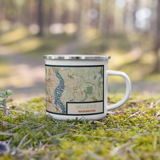 Right View Custom Bellevue Washington Map Enamel Mug in Woodblock on Grass With Trees in Background