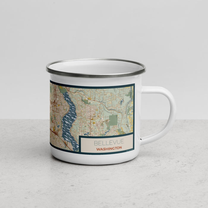 Right View Custom Bellevue Washington Map Enamel Mug in Woodblock