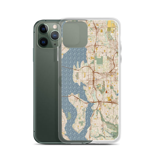 Custom Bellevue Washington Map Phone Case in Woodblock on Table with Laptop and Plant