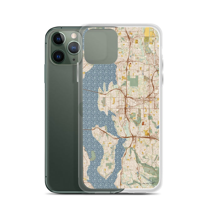 Custom Bellevue Washington Map Phone Case in Woodblock on Table with Laptop and Plant