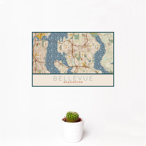 12x18 Bellevue Washington Map Print Landscape Orientation in Woodblock Style With Small Cactus Plant in White Planter