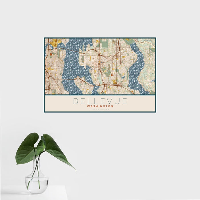 16x24 Bellevue Washington Map Print Landscape Orientation in Woodblock Style With Tropical Plant Leaves in Water