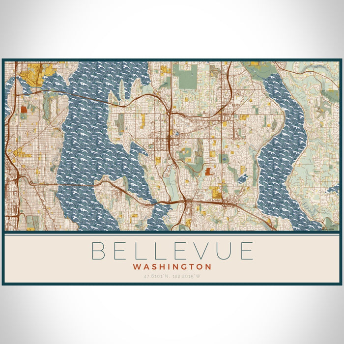Bellevue Washington Map Print Landscape Orientation in Woodblock Style With Shaded Background