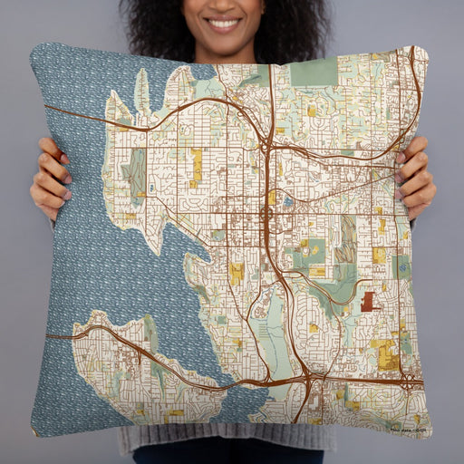 Person holding 22x22 Custom Bellevue Washington Map Throw Pillow in Woodblock