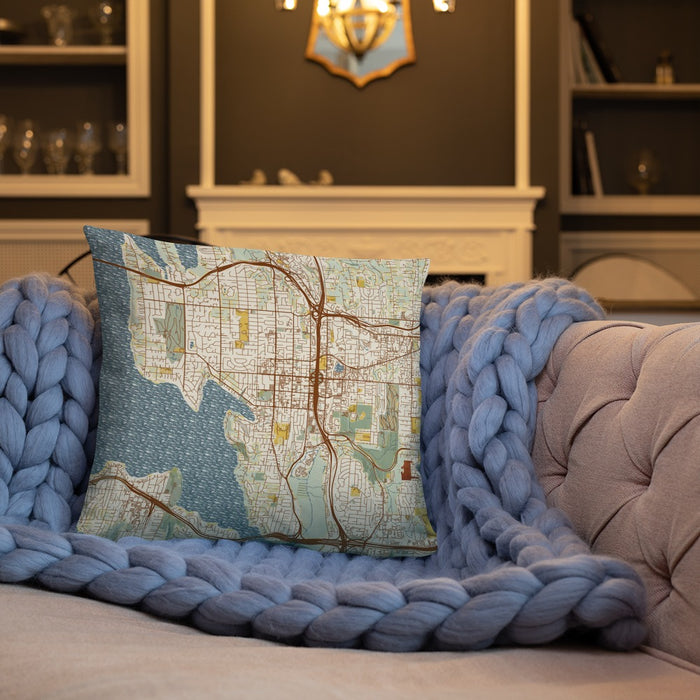 Custom Bellevue Washington Map Throw Pillow in Woodblock on Cream Colored Couch