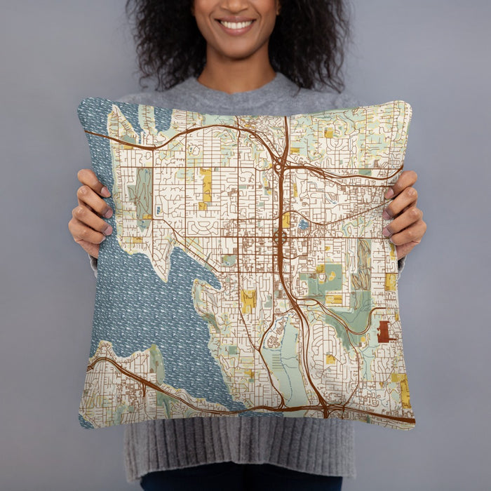 Person holding 18x18 Custom Bellevue Washington Map Throw Pillow in Woodblock