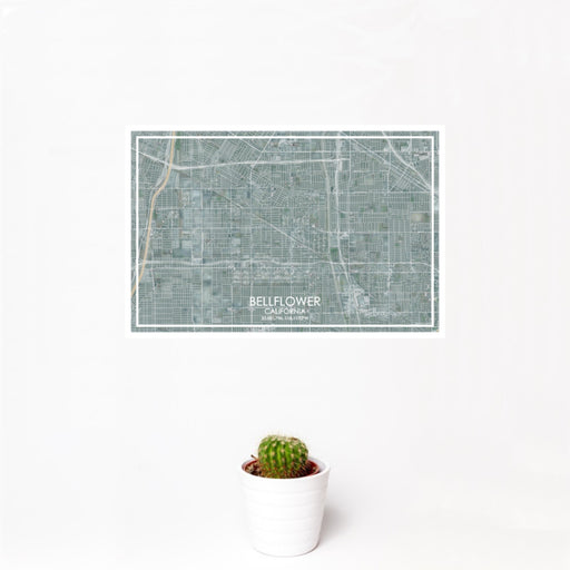 12x18 Bellflower California Map Print Landscape Orientation in Afternoon Style With Small Cactus Plant in White Planter