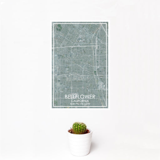 12x18 Bellflower California Map Print Portrait Orientation in Afternoon Style With Small Cactus Plant in White Planter