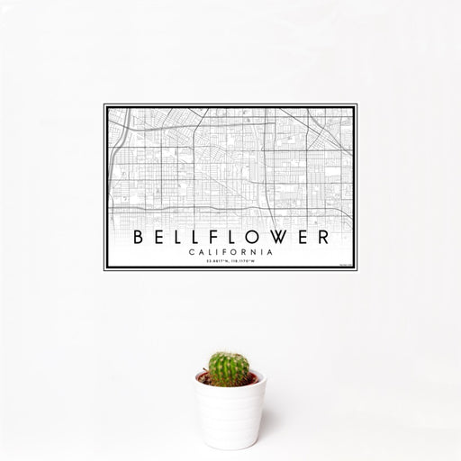 12x18 Bellflower California Map Print Landscape Orientation in Classic Style With Small Cactus Plant in White Planter