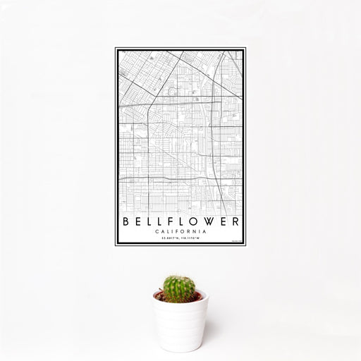 12x18 Bellflower California Map Print Portrait Orientation in Classic Style With Small Cactus Plant in White Planter