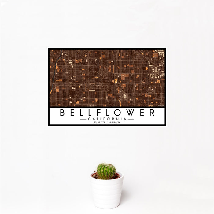 12x18 Bellflower California Map Print Landscape Orientation in Ember Style With Small Cactus Plant in White Planter