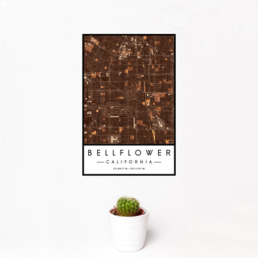 12x18 Bellflower California Map Print Portrait Orientation in Ember Style With Small Cactus Plant in White Planter