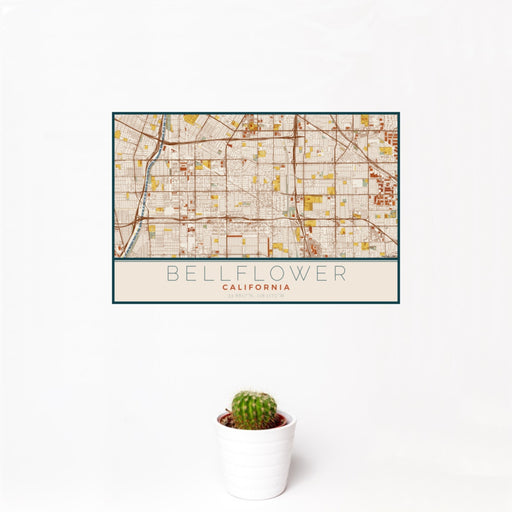 12x18 Bellflower California Map Print Landscape Orientation in Woodblock Style With Small Cactus Plant in White Planter