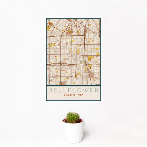 12x18 Bellflower California Map Print Portrait Orientation in Woodblock Style With Small Cactus Plant in White Planter