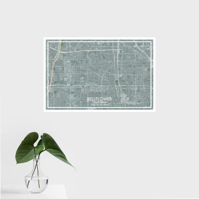 16x24 Bellflower California Map Print Landscape Orientation in Afternoon Style With Tropical Plant Leaves in Water