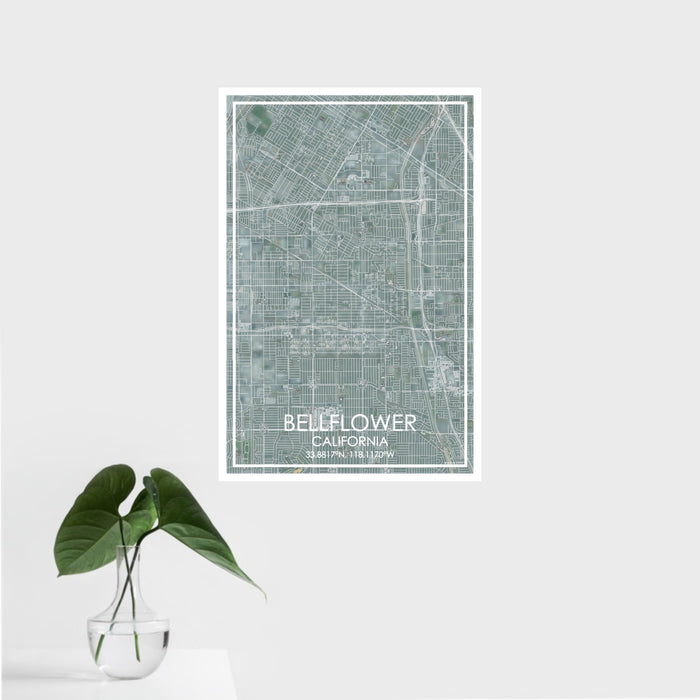 16x24 Bellflower California Map Print Portrait Orientation in Afternoon Style With Tropical Plant Leaves in Water