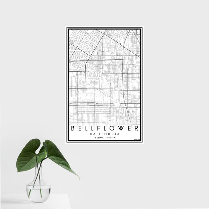 16x24 Bellflower California Map Print Portrait Orientation in Classic Style With Tropical Plant Leaves in Water