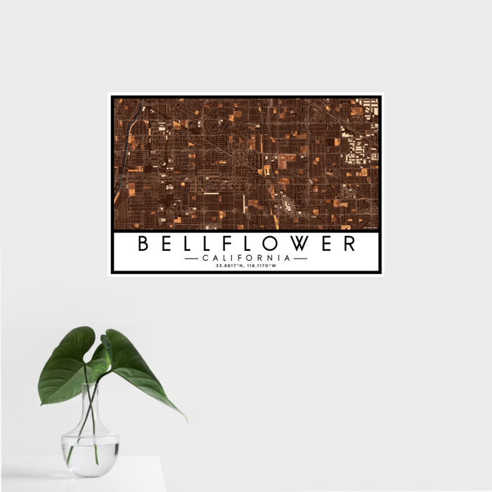 16x24 Bellflower California Map Print Landscape Orientation in Ember Style With Tropical Plant Leaves in Water
