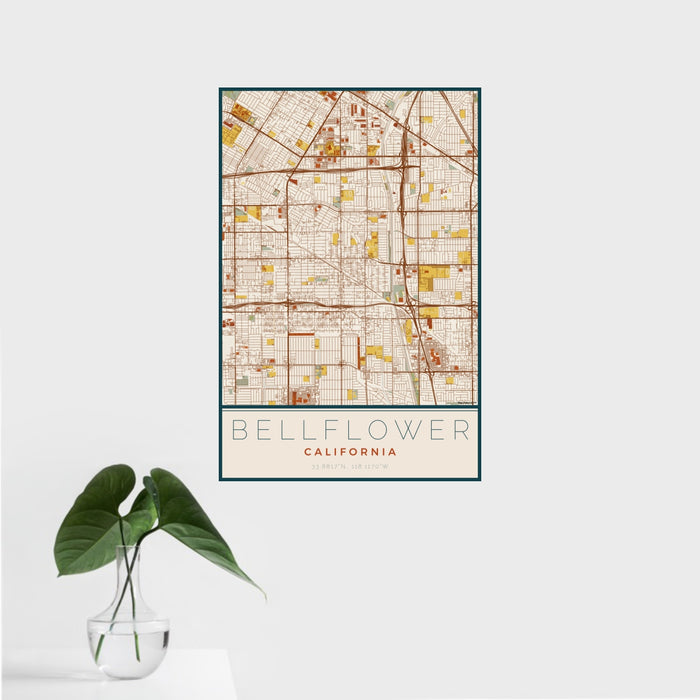16x24 Bellflower California Map Print Portrait Orientation in Woodblock Style With Tropical Plant Leaves in Water