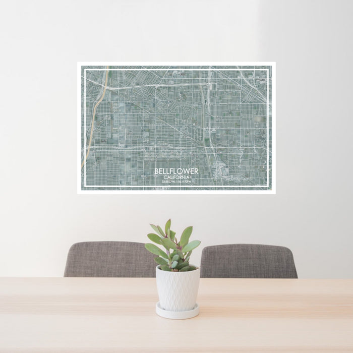 24x36 Bellflower California Map Print Lanscape Orientation in Afternoon Style Behind 2 Chairs Table and Potted Plant