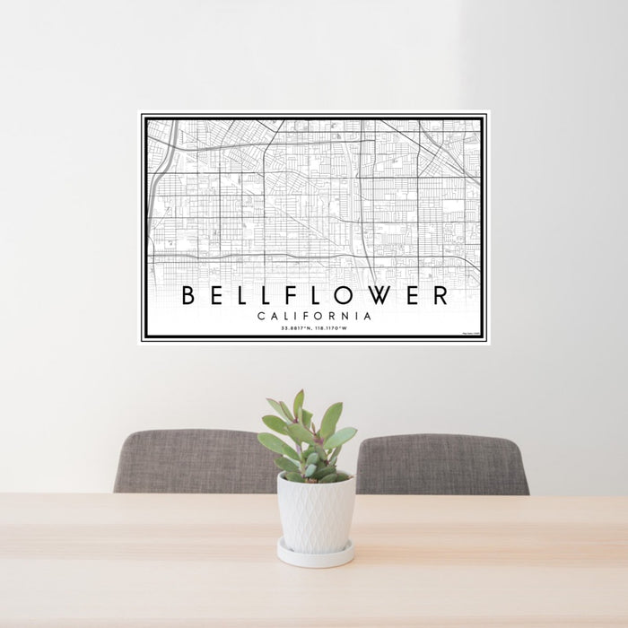 24x36 Bellflower California Map Print Lanscape Orientation in Classic Style Behind 2 Chairs Table and Potted Plant