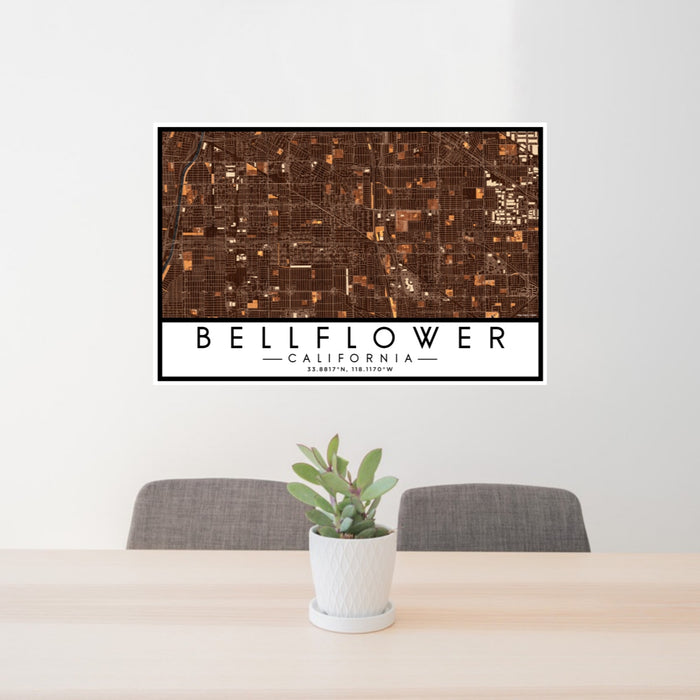 24x36 Bellflower California Map Print Lanscape Orientation in Ember Style Behind 2 Chairs Table and Potted Plant