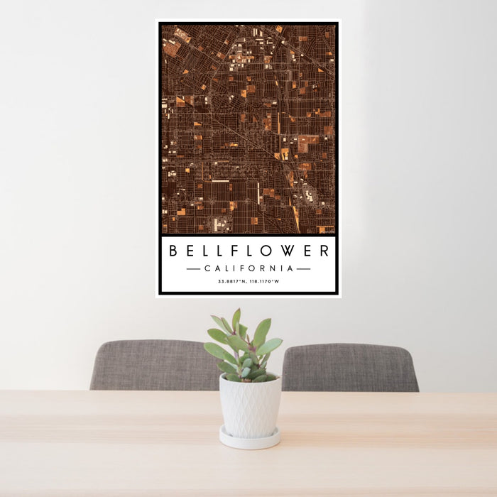 24x36 Bellflower California Map Print Portrait Orientation in Ember Style Behind 2 Chairs Table and Potted Plant