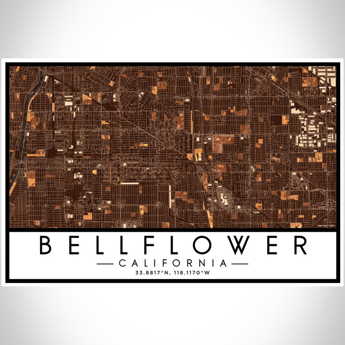 Bellflower California Map Print Landscape Orientation in Ember Style With Shaded Background