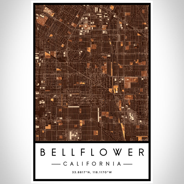 Bellflower California Map Print Portrait Orientation in Ember Style With Shaded Background