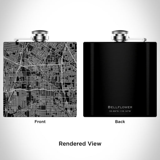 Rendered View of Bellflower California Map Engraving on 6oz Stainless Steel Flask in Black
