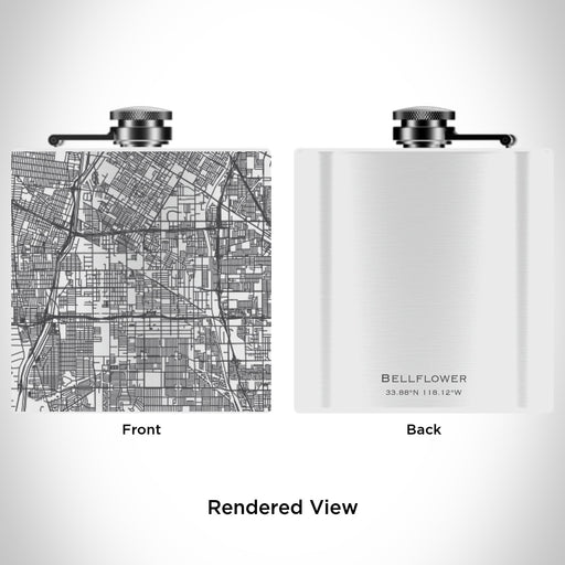 Rendered View of Bellflower California Map Engraving on 6oz Stainless Steel Flask in White