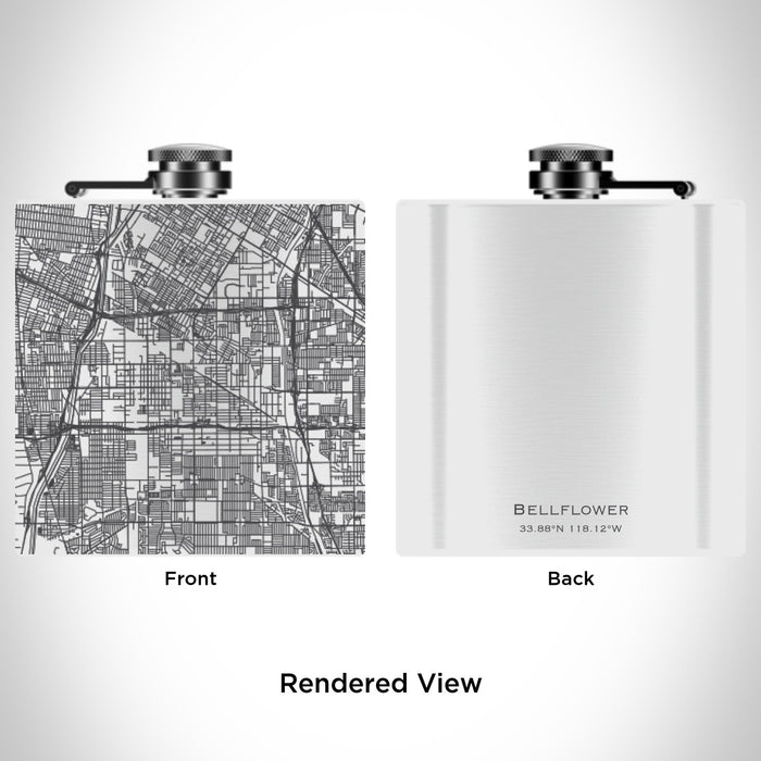 Rendered View of Bellflower California Map Engraving on 6oz Stainless Steel Flask in White
