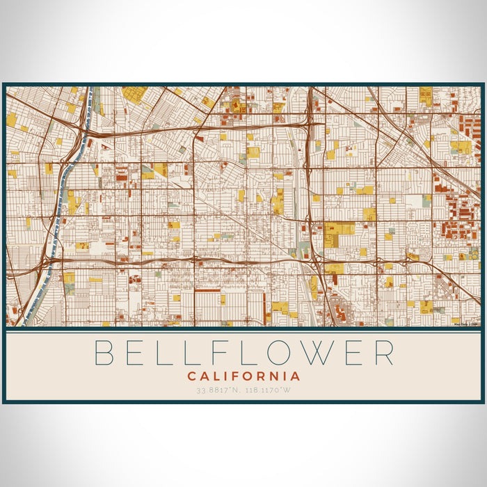 Bellflower California Map Print Landscape Orientation in Woodblock Style With Shaded Background