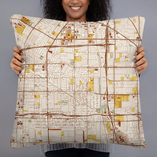 Person holding 22x22 Custom Bellflower California Map Throw Pillow in Woodblock