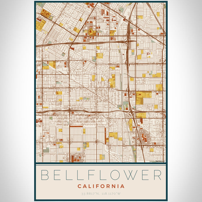 Bellflower California Map Print Portrait Orientation in Woodblock Style With Shaded Background