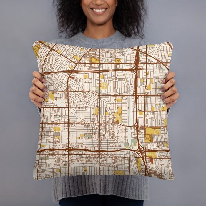 Person holding 18x18 Custom Bellflower California Map Throw Pillow in Woodblock