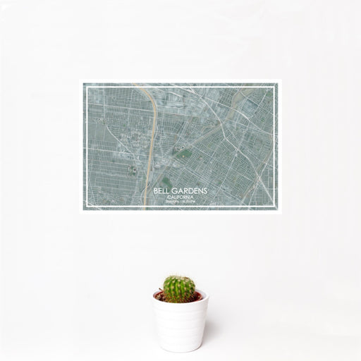 12x18 Bell Gardens California Map Print Landscape Orientation in Afternoon Style With Small Cactus Plant in White Planter