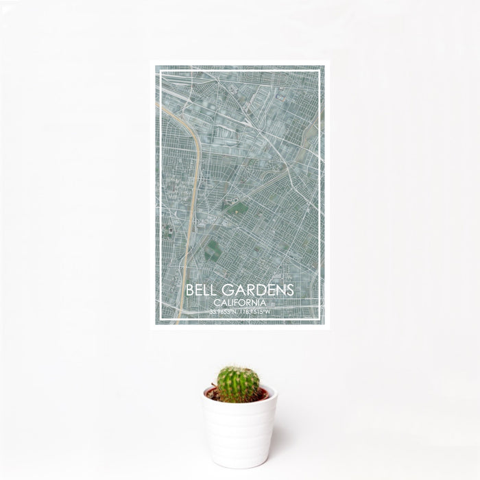 12x18 Bell Gardens California Map Print Portrait Orientation in Afternoon Style With Small Cactus Plant in White Planter