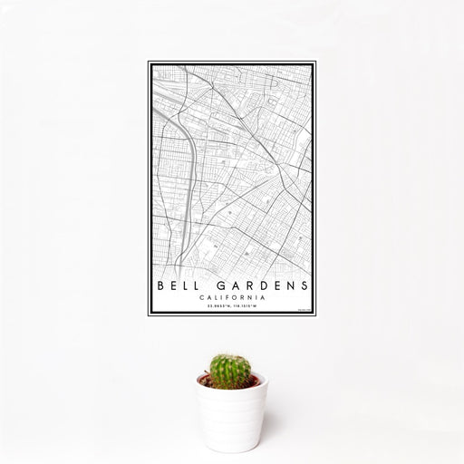 12x18 Bell Gardens California Map Print Portrait Orientation in Classic Style With Small Cactus Plant in White Planter