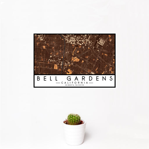 12x18 Bell Gardens California Map Print Landscape Orientation in Ember Style With Small Cactus Plant in White Planter