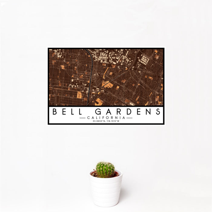 12x18 Bell Gardens California Map Print Landscape Orientation in Ember Style With Small Cactus Plant in White Planter