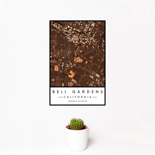 12x18 Bell Gardens California Map Print Portrait Orientation in Ember Style With Small Cactus Plant in White Planter