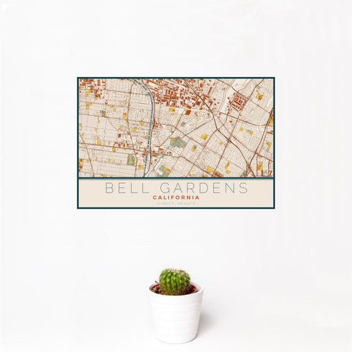 12x18 Bell Gardens California Map Print Landscape Orientation in Woodblock Style With Small Cactus Plant in White Planter