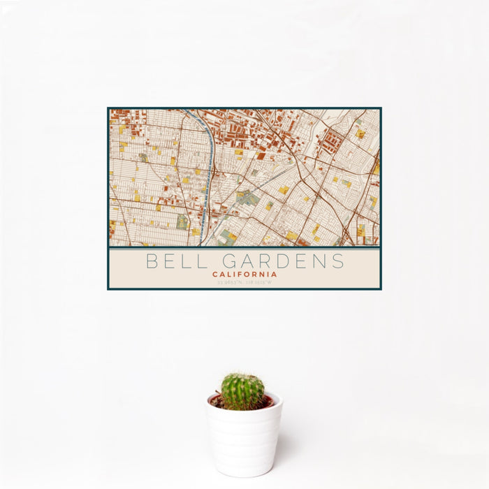 12x18 Bell Gardens California Map Print Landscape Orientation in Woodblock Style With Small Cactus Plant in White Planter