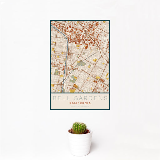 12x18 Bell Gardens California Map Print Portrait Orientation in Woodblock Style With Small Cactus Plant in White Planter