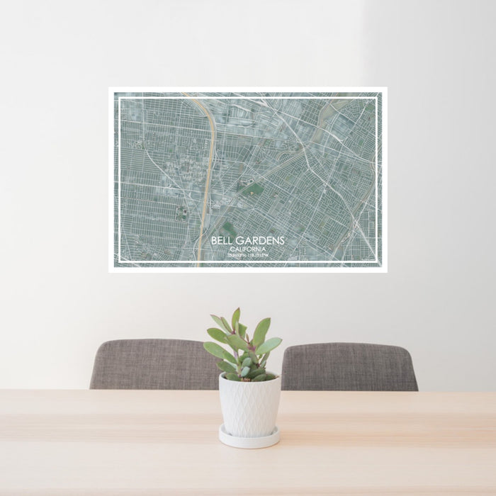 24x36 Bell Gardens California Map Print Lanscape Orientation in Afternoon Style Behind 2 Chairs Table and Potted Plant