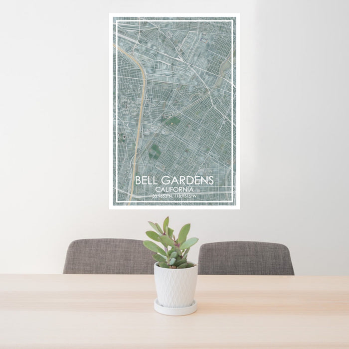24x36 Bell Gardens California Map Print Portrait Orientation in Afternoon Style Behind 2 Chairs Table and Potted Plant