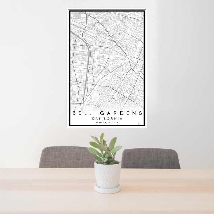 24x36 Bell Gardens California Map Print Portrait Orientation in Classic Style Behind 2 Chairs Table and Potted Plant