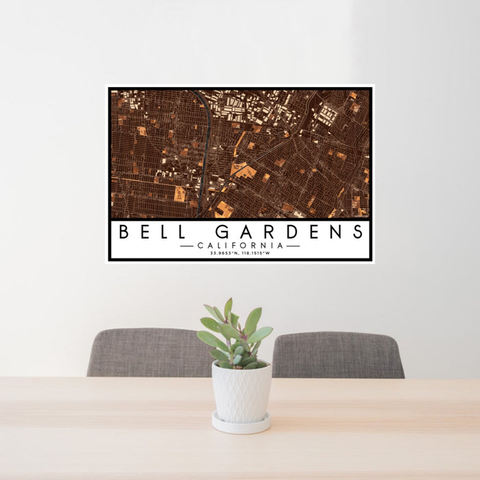 24x36 Bell Gardens California Map Print Lanscape Orientation in Ember Style Behind 2 Chairs Table and Potted Plant