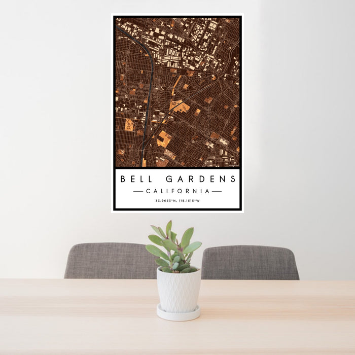 24x36 Bell Gardens California Map Print Portrait Orientation in Ember Style Behind 2 Chairs Table and Potted Plant